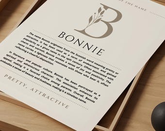 Bonnie Name Meaning Wall Art, Bonnie Name Origin Print Nursery Decor, Baptism Gift for Baby, Name Poster Card Printable DIGITAL DOWNLOAD