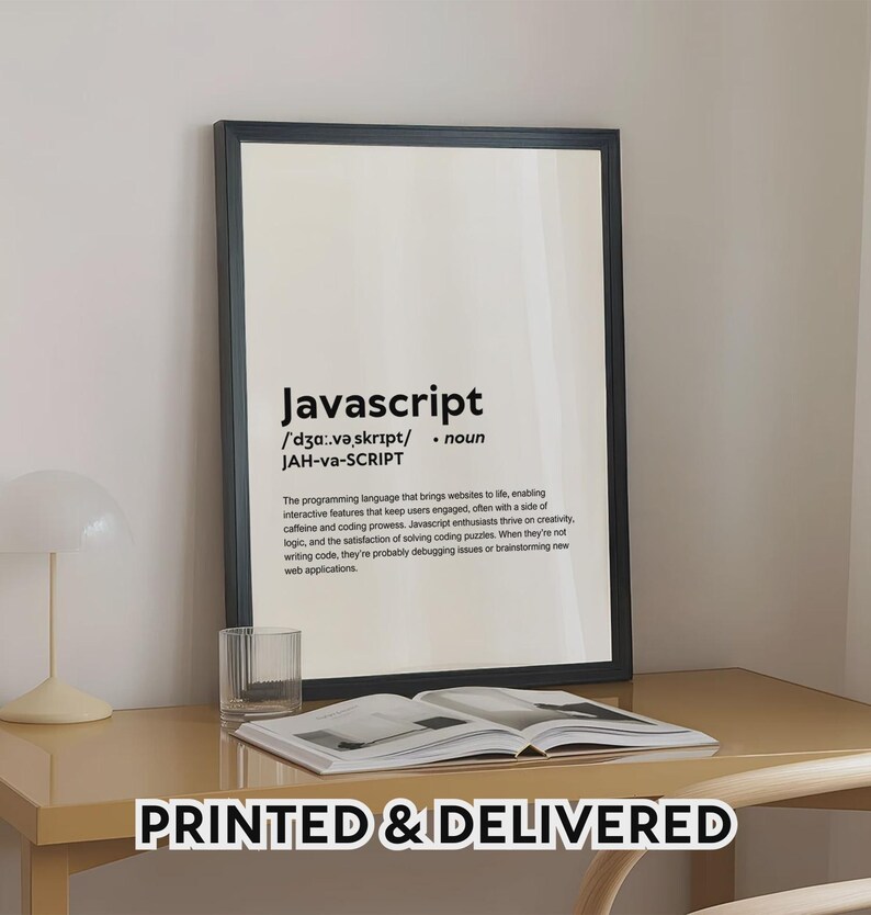 GEDRUKTE javascript-poster, grappige definitie van javascript print muurkunst, javascript cadeau wanddecoratie, gedrukt en ingelijst decor kantoor aan huis afbeelding 1