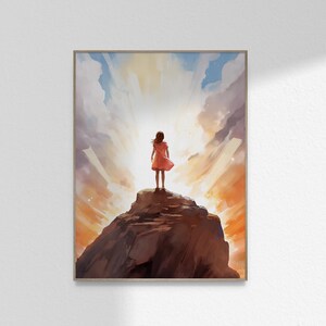 May include: A digital art print featuring a figure in a coral-colored dress standing atop a dark, jagged mountain peak. The background displays a dramatic sky with swirling clouds in shades of white, blue, and orange, illuminated by bright light.