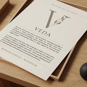 Arte de pared con el significado del nombre Veda, impresión del origen del nombre Veda, decoración de guardería, regalo de bautismo para bebé, tarjeta con póster con nombre imprimible DESCARGA DIGITAL