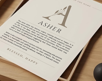 Asher Name Bedeutung Wandkunst, Asher Name Herkunft Druck Kinderzimmer Dekor, Taufe Geschenk für Baby, Name Poster Card Printable DIGITAL DOWNLOAD