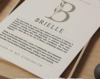 Brielle Name Meaning Wall Art Brielle Name Origin Print Nursery Decor, Baby Baptism Gift, PRINTED Name Meaning Poster, Framed Name Art