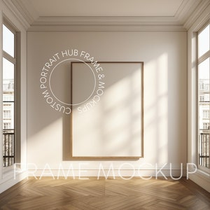 May include: A large, empty, wooden frame mockup hanging on a white wall in a room with hardwood floors and two large windows. The text "CUSTOM PORTRAIT HUB FRAME & MOCKUPS" is in a circle around the frame.