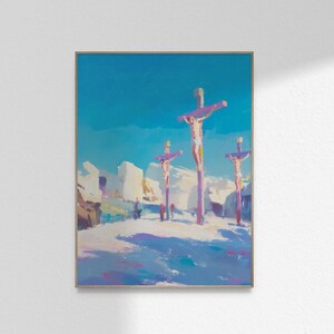 May include: An oil painting depicting three figures on wooden crosses against a bright blue sky. The scene features a stark, rocky landscape rendered in shades of white, light blue, and purple, with visible brushstrokes creating a textured effect.