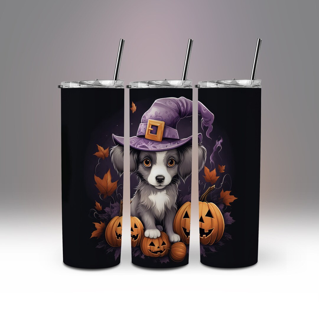 Cute Sad Puppy Witch Hat Halloween Tumbler Wrap Purple Orange Cartoon ...