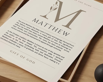 Matthew Name Meaning Wall Art, Matthew Name Origin Print Nursery Decor, Baptism Gift for Baby, Name Poster Card Printable DIGITAL DOWNLOAD