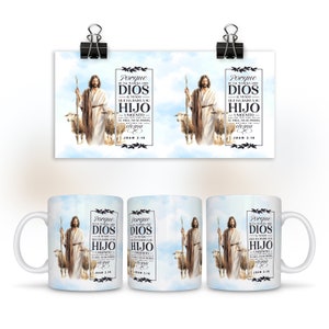 Jesús Jesucristo Buen Pastor Taza cristiana española Envoltura 15 oz 11 oz Versículo bíblico Escritura Diseño PNG para taza de café Envoltura de sublimación