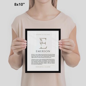 Emerson Name Bedeutung Wand Kunst Emerson Name Origin Print Kinderzimmer Dekor, Baby Taufe Geschenk, GEDRUCKTER Name Bedeutung Poster, gerahmt Name Art Bild 5