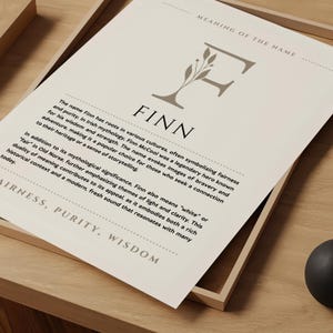 Significado del nombre Finn, arte de pared, impresión del origen del nombre Finn, decoración de guardería, regalo de bautismo para bebé, tarjeta con póster con nombre imprimible DESCARGA DIGITAL