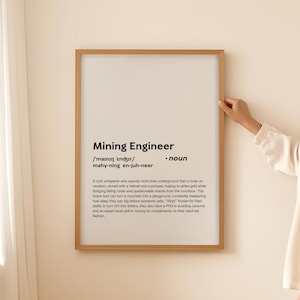 Op de afbeelding: Een ingelijst print met een witte achtergrond en zwarte tekst die de term "Mijnwerker" definieert. De tekst bevat een fonetische uitspraak en een humoristische definitie van het beroep.