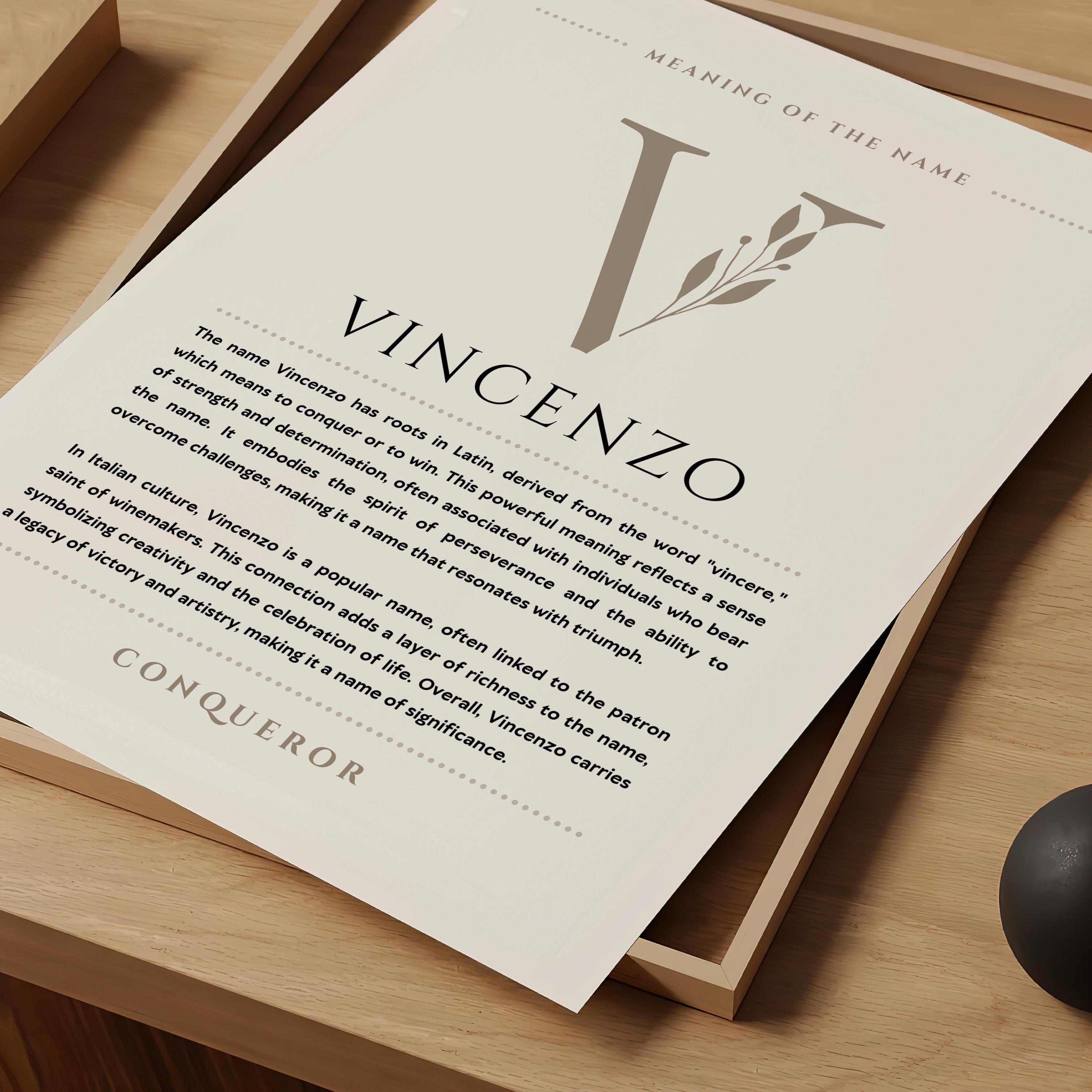 Vincenzo Name Meaning Wall Art, Vincenzo Name Origin Print Nursery