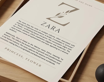 Väggkonst med namnet Zara som betydelse, tryck med namnet Zara som ursprung, barnrumsdekor, dopgåva till bebis, namnposter för utskrivbar digital nedladdning