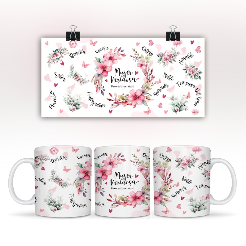 Puede incluir: Taza de cer&aacute;mica blanca con un dise&ntilde;o floral y el texto "Mujer Virtuosa" en rosa y negro. El dise&ntilde;o floral incluye flores rosas, hojas verdes y mariposas. El texto "Proverbios 31:10" tambi&eacute;n est&aacute; incluido en negro.