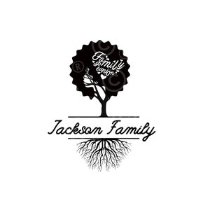 May include: Black and white silhouette of a tree with roots, with the text "Family Reunion" in a heart shape on the trunk and "Jackson Family" below the roots.