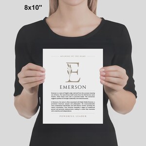 Emerson Name Bedeutung Wand Kunst Emerson Name Origin Print Kinderzimmer Dekor, Baby Taufe Geschenk, GEDRUCKTER Name Bedeutung Poster, gerahmt Name Art Bild 3