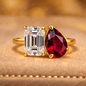 Moissanite Ruby, Toi et Moi Ring, Emerald Cut Moissanite Pear Ruby Ring, Two Stone Engagement Ring, Gold Promise Ring Unique Engagement Ring