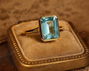 Aquamarine Ring 925 Sterling Silver | Emerald Cut Aquamarine Engagement Ring | Handmade Silver Promise Ring for Her