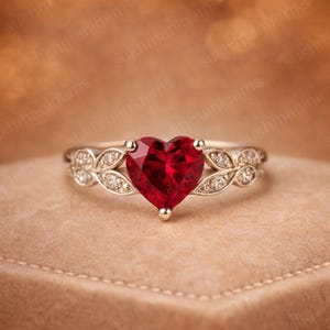 Heart Ruby Ring, 925 Sterling Silver, Romantic Red Gemstone , Vintage Leaf Design Promise Ring, Anniversary Gift for Her, Valentine Jewelry