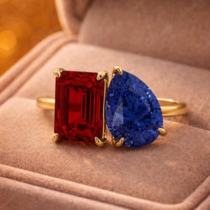 May include: A gold ring featuring a large, rectangular red gemstone and a pear-shaped blue gemstone. The gemstones are set side-by-side, creating a unique and eye-catching design. The ring is displayed in a velvet ring box.