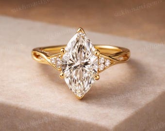 Elegantes Verlobungsgeschenk für sie | Moissanit Ring | 18k Gold-Vermeil 925er Silber | Handmade Marquise Schnitt Frauen Schmuck