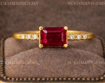 Ruby Ring 925 Sterling Silver | Emerald Cut Ruby Statement Ring | Handmade Red Gemstone Ring | Birthday Gift For Her