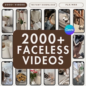 以下が含まれることがあります： ソーシャルメディアコンテンツに最適な、2000本以上の顔のない動画を紹介する画像のコラージュ。画像には、コーヒー、花、本、衣服など、さまざまなシーンが映し出されています。