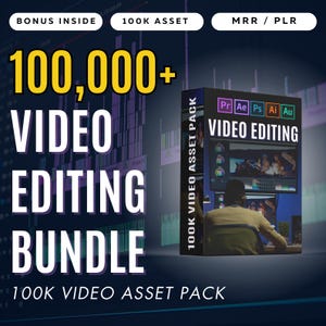 Peut inclure: Une boîte bleue et noire avec le texte "100 000+ Video Editing Bundle" et "100K Video Asset Pack". La boîte a une plus petite boîte sur le devant avec le texte "PrAe Ps Ai Au Video Editing" et "100K Video Asset Pack".