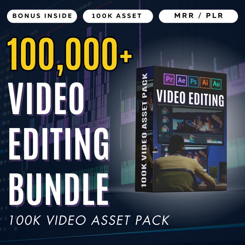 May include: A blue and black box with the text "100,000+ Video Editing Bundle" and "100K Video Asset Pack". The box has a smaller box on the front with the text "PrAe Ps Ai Au Video Editing" and "100K Video Asset Pack".
