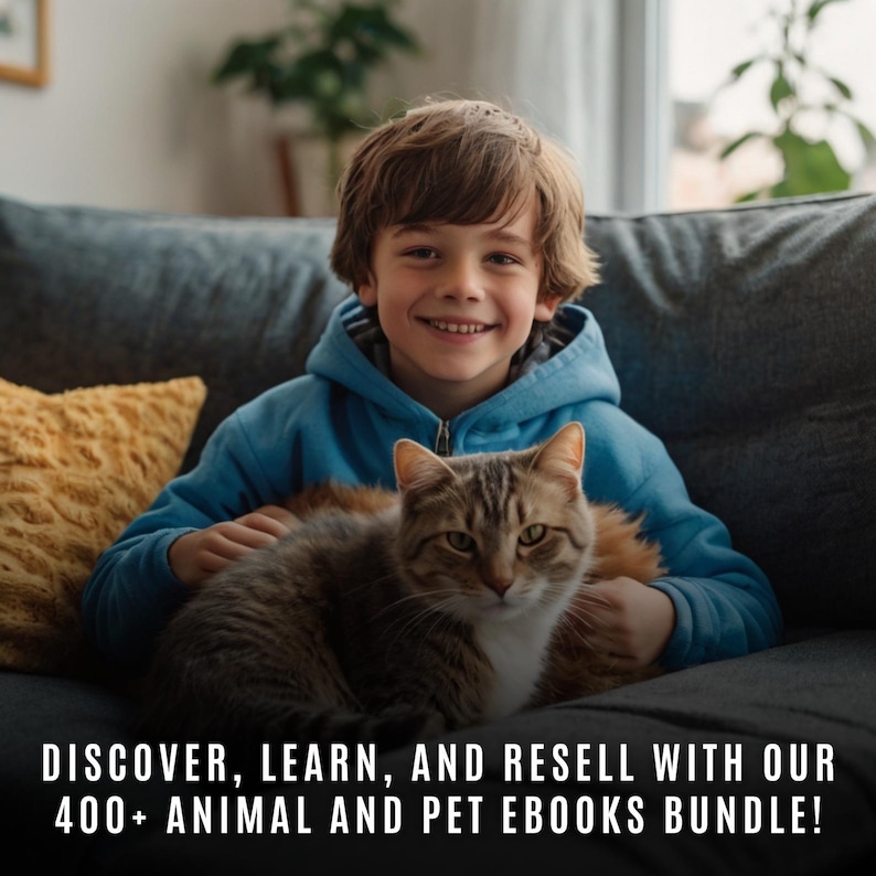 Może przedstawiać: Młody chłopiec w niebieskim swetrze uśmiecha się, trzymając kota pręgowanego na szarej kanapie. Tekst "DISCOVER, LEARN, AND RESELL WITH OUR 400+ ANIMAL AND PET EBOOKS BUNDLE!" znajduje się na dole obrazu.