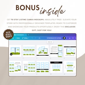 May include: A screenshot of a Canva design template with 70 printable Etsy listing mockups. The mockups feature a variety of designs with green grass, clouds, and a black and white background. The text "70 Printables Etsy Listings" is visible at the top of the screen.
