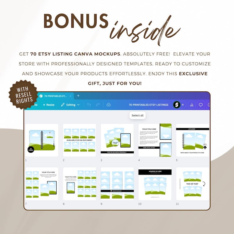 May include: A screenshot of a Canva design template with 70 printable Etsy listing mockups. The mockups feature a variety of designs with green grass, clouds, and a black and white background. The text "70 Printables Etsy Listings" is visible at the top of the screen.