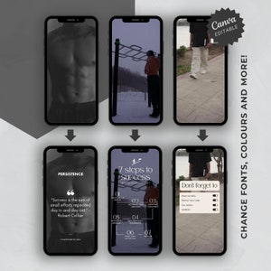 May include: A set of three phone screen mockups with motivational quotes and images. The first mockup features a black and white image of a man's torso. The second mockup features a black and white image of a man doing pull-ups on a bar. The third mockup features a black and white image of a man walking down a sidewalk. The text on the mockups includes the quotes "Persistence", "7 steps to success", and "Don't forget to".