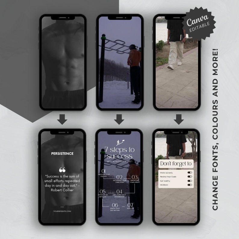 May include: A set of three phone screen mockups with motivational quotes and images. The first mockup features a black and white image of a man's torso. The second mockup features a black and white image of a man doing pull-ups on a bar. The third mockup features a black and white image of a man walking down a sidewalk. The text on the mockups includes the quotes "Persistence", "7 steps to success", and "Don't forget to".
