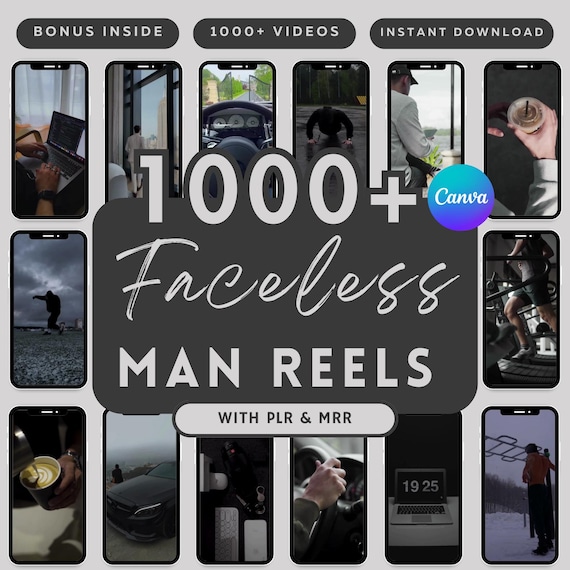 1000+ Faceless Men Reels Dark Aesthetic With Done For You Content Digital Marketing Videos With Master Resell Rights, MRR/PLR, Canva