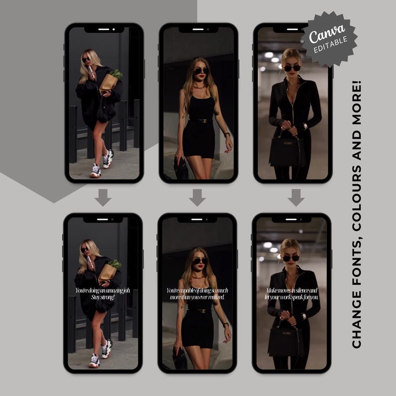 Peut inclure: Trois images d'une femme v&ecirc;tue de noir et portant des lunettes de soleil. La premi&egrave;re image la montre tenant un sac d'&eacute;picerie. La deuxi&egrave;me image la montre tenant un petit sac &agrave; main noir. La troisi&egrave;me image la montre tenant un sac &agrave; main noir plus grand. Chaque image a du texte superpos&eacute;. La premi&egrave;re image dit "You're doing an amazing job. Stay strong!" La deuxi&egrave;me image dit "You're capable of doing so much more than you ever realized." La troisi&egrave;me image dit "Make moves in silence and let your work speak for you."