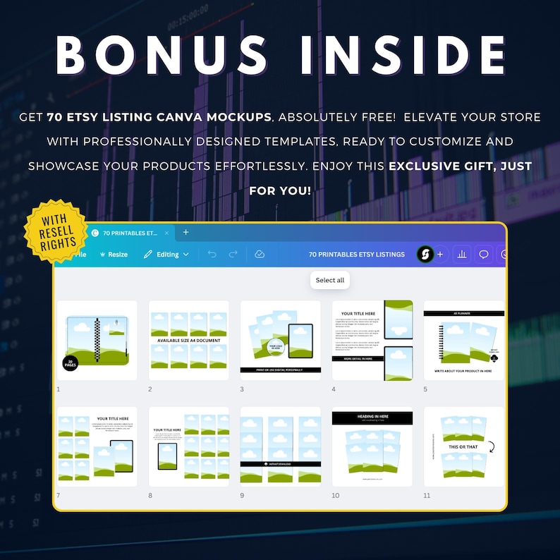 May include: A screenshot of a Canva mockup template for Etsy listings. The template features a green and blue landscape with a white cloud. The text "70 Printables Etsy Listings" is displayed at the top of the screen. The template is designed to showcase products and includes a variety of different layouts.
