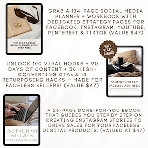 May include: A digital product bundle for social media marketing, featuring a 134-page planner and workbook, 100 viral hooks, 90 days of content, 50 high-converting CTAs, 13 repurposing hacks, and a 26-page ebook on creating Instagram stories. The bundle is designed for faceless sellers and includes resell rights.