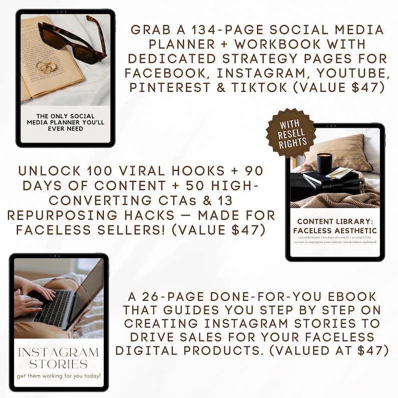 May include: A digital product bundle for social media marketing, featuring a 134-page planner and workbook, 100 viral hooks, 90 days of content, 50 high-converting CTAs, 13 repurposing hacks, and a 26-page ebook on creating Instagram stories. The bundle is designed for faceless sellers and includes resell rights.