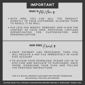 May include: A black and white text graphic with the word "IMPORTANT" in large letters at the top. The text explains the difference between MRR and PLR, and how to access a digital download.