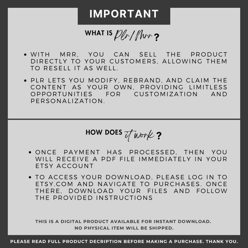 May include: A black and white text graphic with the word "IMPORTANT" in large letters at the top. The text explains the difference between MRR and PLR, and how to access a digital download.