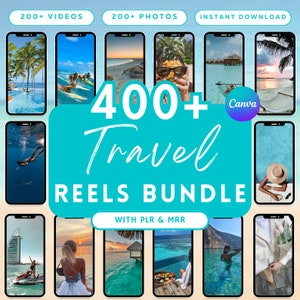 Peut inclure: Un collage de 12 images présentant des bobines de voyage, avec le texte "400+ Travel Reels Bundle" et "With PLR & MRR". Les images présentent des destinations tropicales, des plages, des piscines et des personnes en vacances.