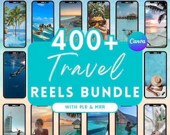 May include: A collage of 12 images showcasing travel reels, with the text "400+ Travel Reels Bundle" and "With PLR & MRR". The images feature tropical destinations, beaches, pools, and people enjoying vacations.