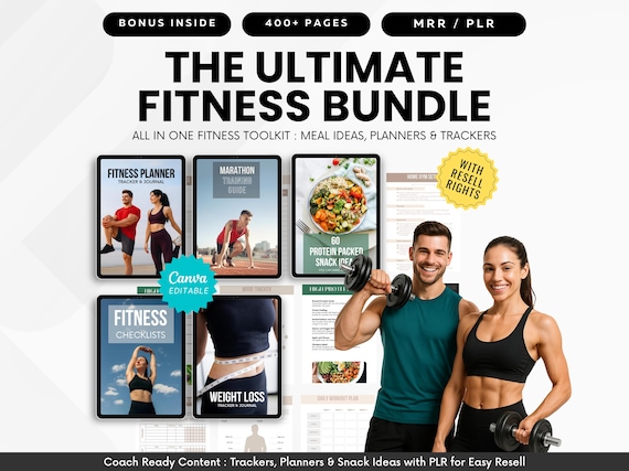 Ultimate Fitness Bundle with MRR & PLR | Fitness Planner, Weight Loss Journal, High Protein Snacks Guide, Ebooks, Canva Templates for Resale