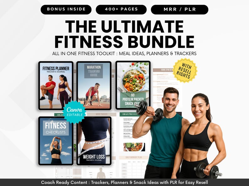Ultimate Fitness Bundle with PLR and MRR – Digital Fitness Planner, Weight Loss Journal, and High Protein Snack Guide