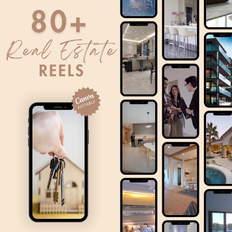 May include: An advertisement for real estate reels. The image shows a smartphone displaying a miniature house with keys, and the text "80+ Real Estate Reels" and "Canva Editable". The background features various real estate interior and exterior shots.