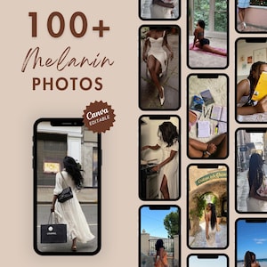 K&ouml;nnte beinhalten: Eine Collage von Fotos, die Menschen mit unterschiedlicher Hautfarbe in verschiedenen Umgebungen zeigen. Die Fotos zeigen Menschen in verschiedenen Posen, mit unterschiedlichen Kleidungsst&uuml;cken und bei verschiedenen Aktivit&auml;ten. Die Collage tr&auml;gt den Titel "100+ Melanin Photos" und enth&auml;lt das Canva-Logo.