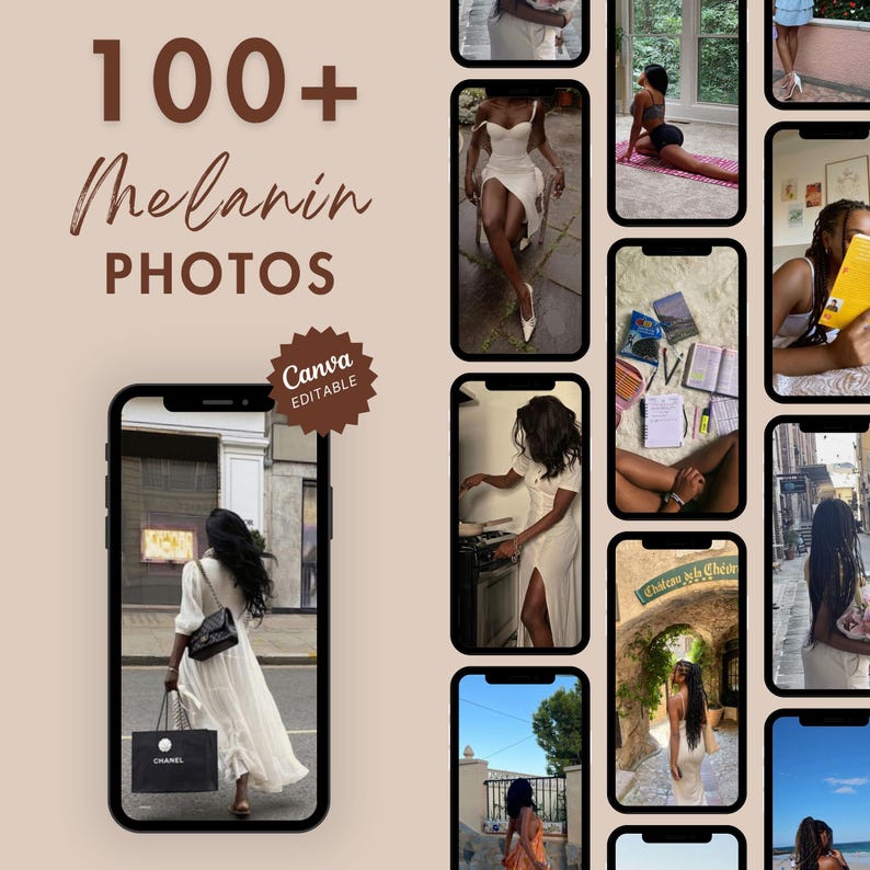 K&ouml;nnte beinhalten: Eine Collage von Fotos, die Menschen mit unterschiedlicher Hautfarbe in verschiedenen Umgebungen zeigen. Die Fotos zeigen Menschen in verschiedenen Posen, mit unterschiedlichen Kleidungsst&uuml;cken und bei verschiedenen Aktivit&auml;ten. Die Collage tr&auml;gt den Titel "100+ Melanin Photos" und enth&auml;lt das Canva-Logo.