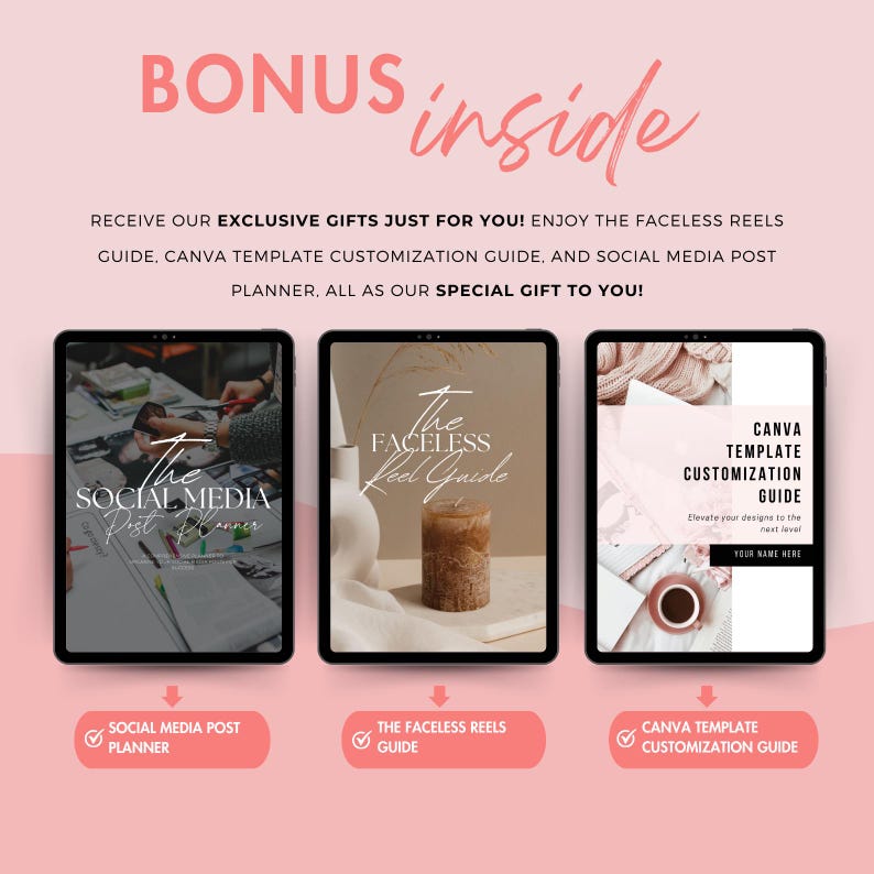 K&ouml;nnte beinhalten: Drei digitale Tablet-Bildschirme, die Anleitungen f&uuml;r soziale Medien, gesichtslose Reels und die Canva-Vorlagenanpassung zeigen. Der Text auf den Bildschirmen lautet "Social Media Post Planner", "The Faceless Reels Guide" und "Canva Template Customization Guide".