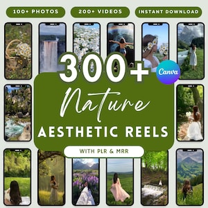 Può includere: Un collage di oltre 300 reel estetici di natura con uno sfondo verde e il testo "300+ Nature Aesthetic Reels with PLR & MRR". Il collage include immagini di cascate, foreste, montagne e fiori.
