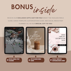 K&ouml;nnte beinhalten: Drei digitale Leitf&auml;den f&uuml;r Social-Media-Marketing. Der erste Leitfaden hei&szlig;t "The Social Media Post Planner". Der zweite Leitfaden hei&szlig;t "The Faceless Reels Guide". Der dritte Leitfaden hei&szlig;t "Canva Template Customization Guide".